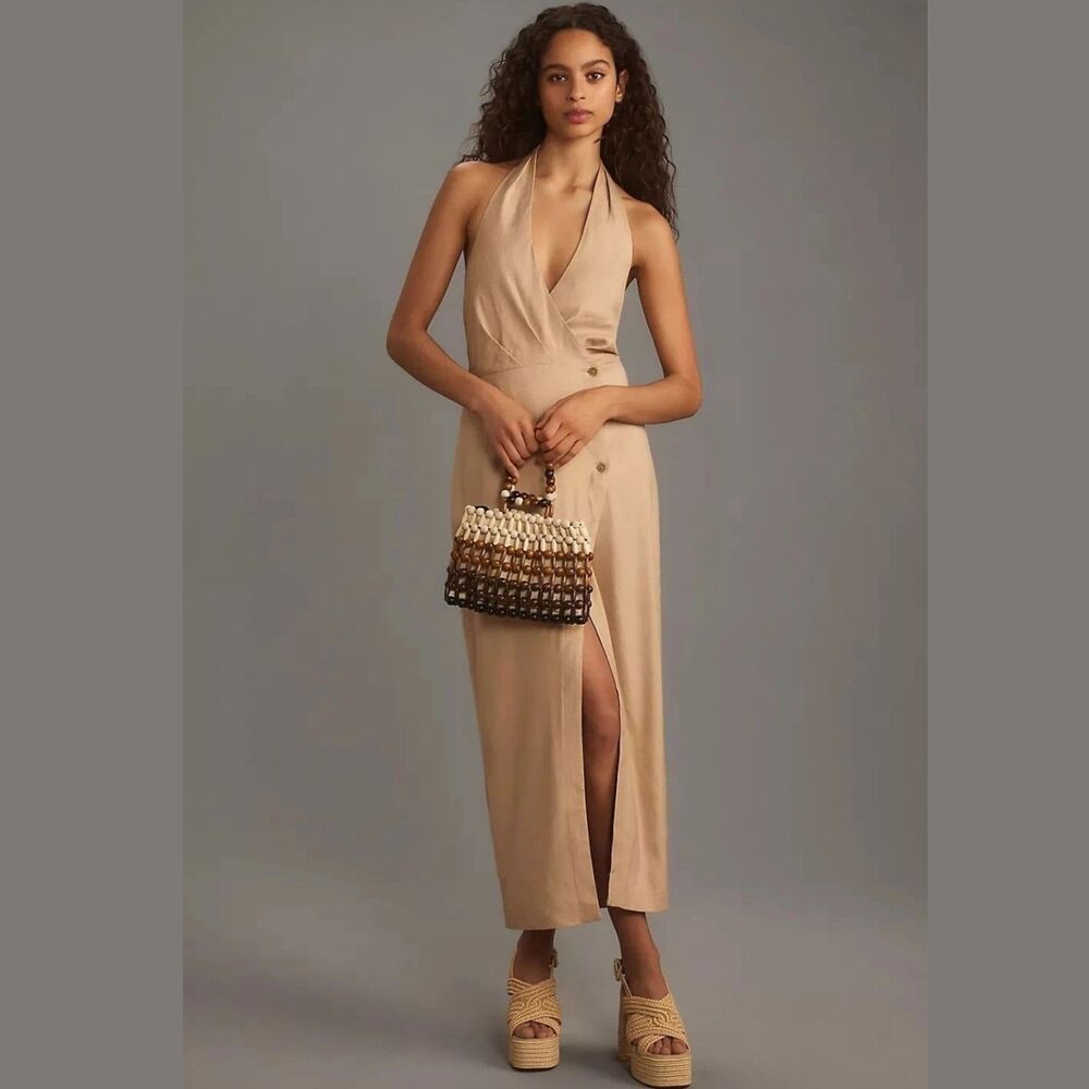 Anthropologie Tan Halter Wrap Maxi Dress